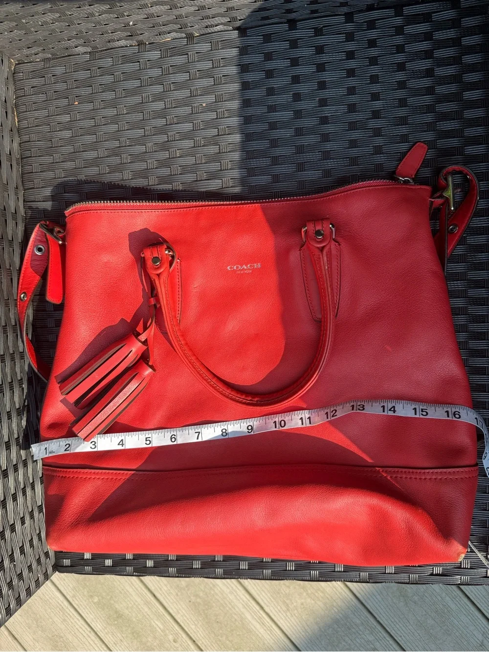 Coach Red Leather Tote with Tassel Accent and Removable Strap